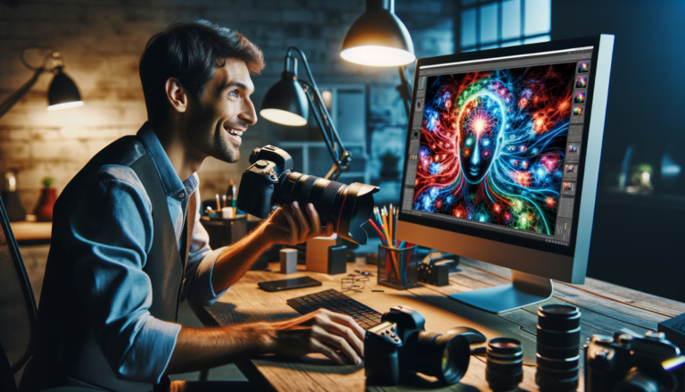 A photographer sitting in front of a computer generating images with ai - generated by Ai.